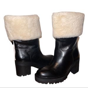 Marc Fisher Willoele Black Leather Shearling Collar Calf High Boots